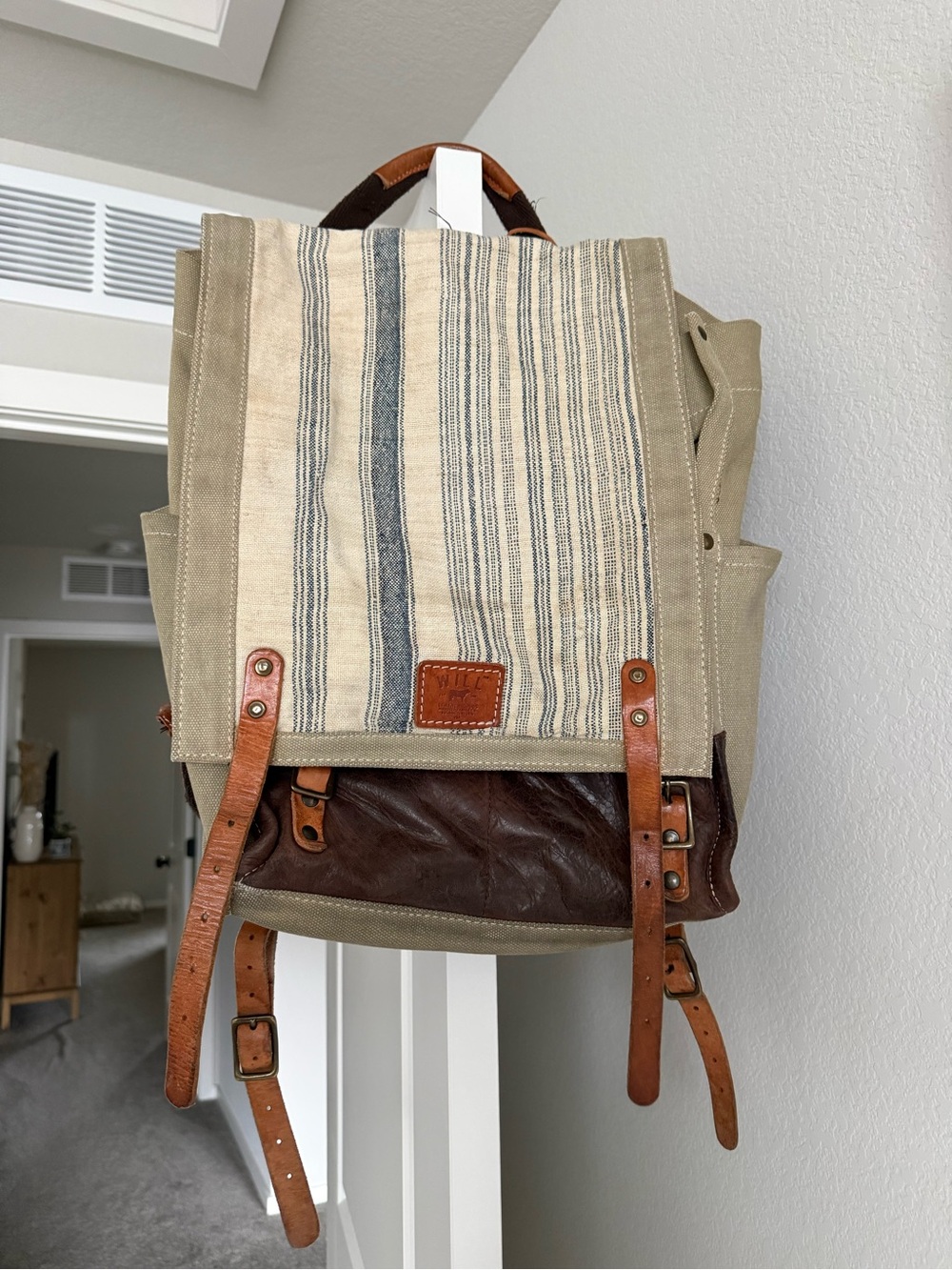Will Leather Goods Canvas & Leather Backpack in Tan, Blue & Brown
